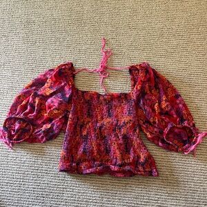 Free People Fuchsia Multicolor Smocked Puff-Sleeve Crop Top
